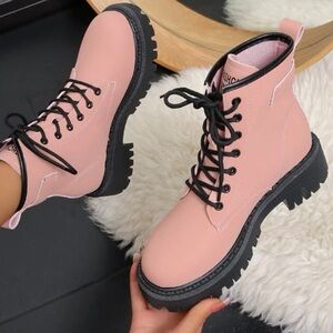 Pink and Black Lace Up Combat Boots Size 8.5